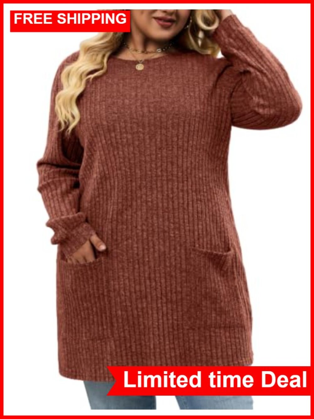 Plus Size Tunic Sweater Long Sleeve Crew Neck